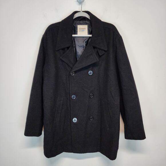 Old Navy Wool Blend Jacket Pea Coat Overcoat Mens XL Black Double Breasted Y2K - Picture 1 of 15